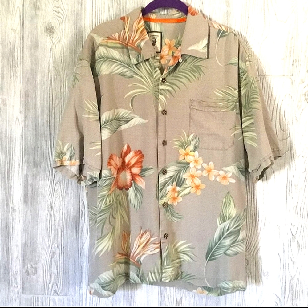 Jamaica Jaxx Beige Silk Tropical Floral Button Front Shirt